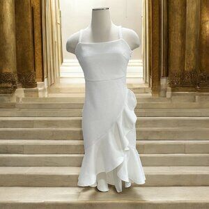 Lena White Textured Ruffle Hem Midi Dress Adjustable Straps S Party Cocktail